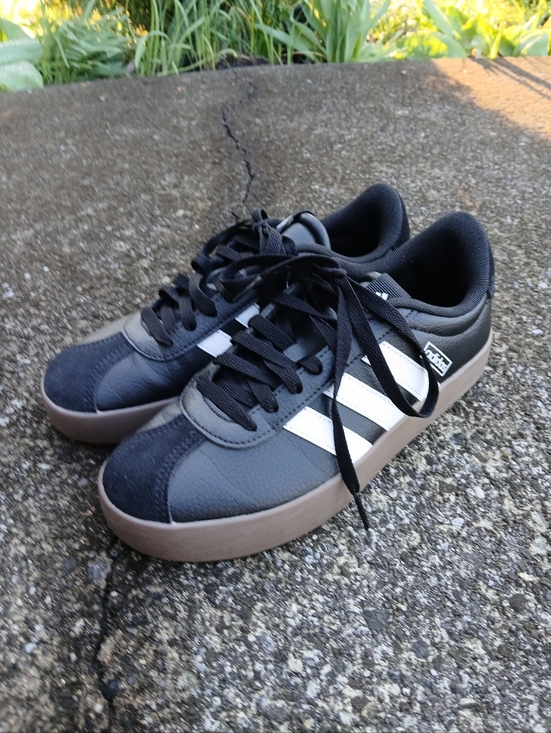 adidas Shoes - adidas Black Sneakers with White Stripes and Brown Gum Sole